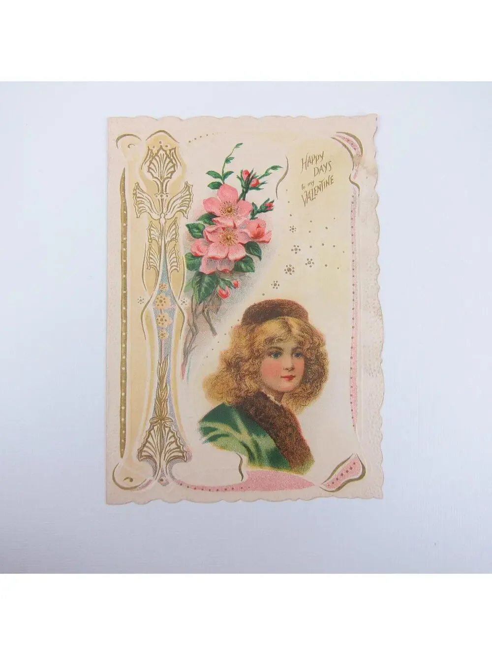 Antique Valentine Blonde Girl Green Coat Pink Flowers Embossed Bifold UNSIGNED
